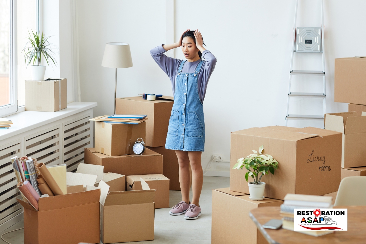 Stressed woman moving personal belongings to safety